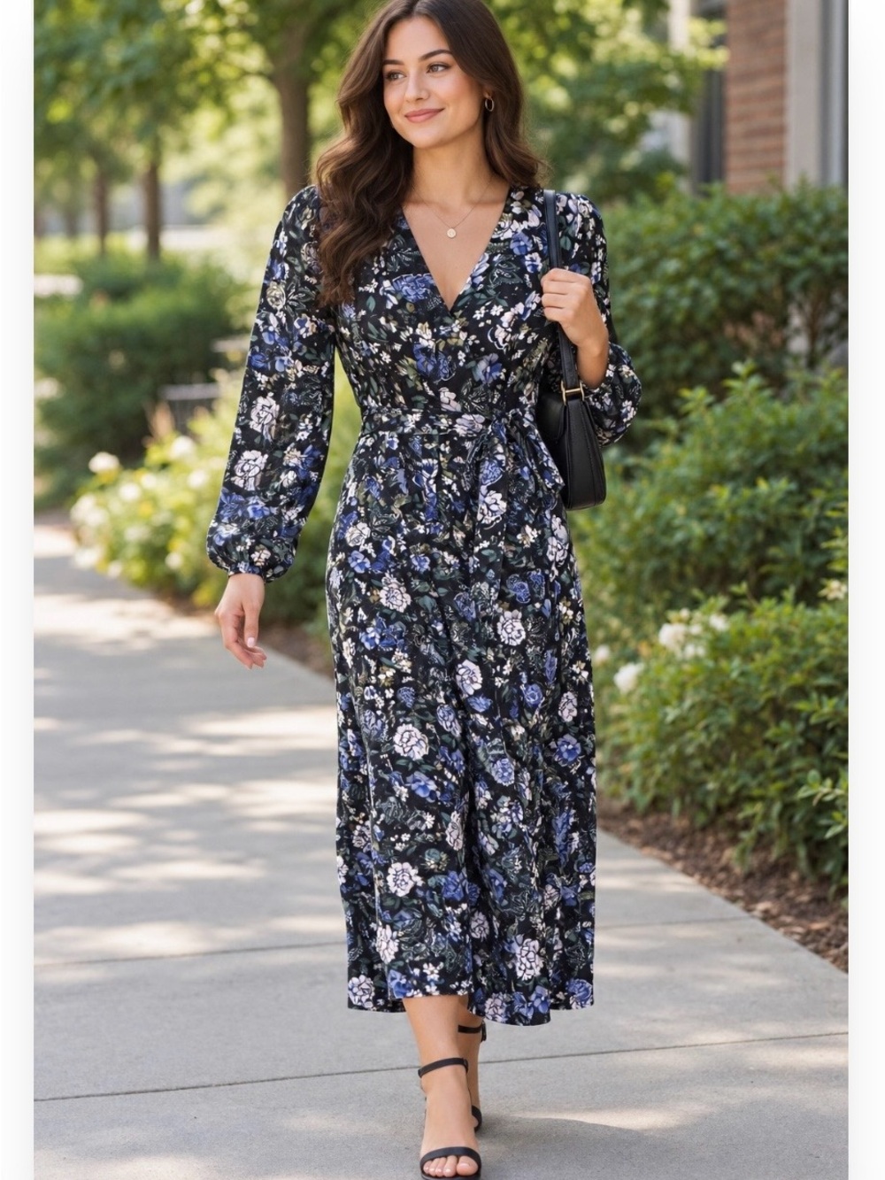 Maggy London Black Floral Wrap Midi Dress with Blue & White Flowers